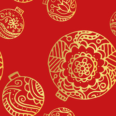 Golden christmas decor seamless pattern. floral decor on a red background. Use for background, wrapping paper, covers, fabrics, cards, stationery. Vector.