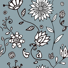 Floral decor seamless pattern. Hand-drawn flowers coloring book. Use for covers, fabrics, wallpapers, wrapping paper, cards, stationery, invitations, cards, bedding. Vector.