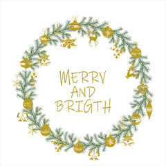 Christmas wreath celebration card with traditional winter elements and lettering. Vector illustration.