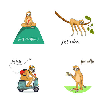 Set Adorable Sloths Meditate, Sleep, Drive, Drink Coffee. Tropical Pattern For Textile Prints, Cute Stationery, Print On The Cups. Eps 8 Vector Illustration