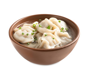 Bowl of tasty dumplings in broth isolated on white
