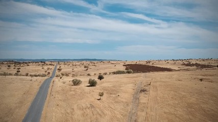 Aerial view of a country road in spring. Alentejo, Portugal. Drone view