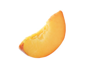 Slice of sweet juicy peach on white background