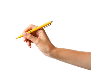 Young woman holding pen on white background, closeup