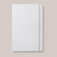 White diary, notebook with rubber band, top view flat lay, mock-up for design