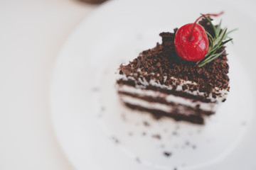 Piece of chocolate cake with cherry on top and vanilla cream selective focus with copyspace.