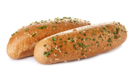 Loaves of bread with garlic and herb on white background