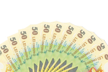 some romanian 50 leu banknotes mixed indicating growing economics with copyspace