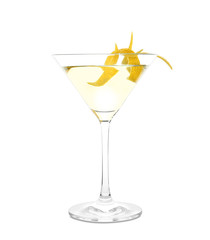 Glass of lemon drop martini cocktail  with zest on white background