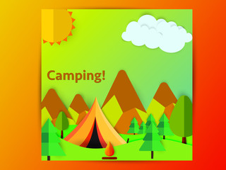 Sunny day landscape illustration in paper cut style with tent, campfire, mountains and forest. Background for summer camp, nature tourism, camping or hiking design concept.