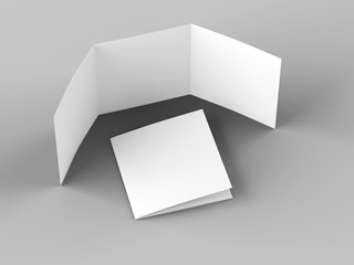 Open tri-folded leaflet in square format. 3d illustration
