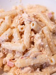 Close up of Italian pasta with salmon, tomato, red onion, oil, pepper cream.