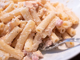Close up of Italian pasta with salmon, tomato, red onion, oil, pepper cream.