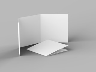 Open tri-folded leaflet in square format. 3d illustration