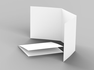Open tri-folded leaflet in square format. 3d illustration