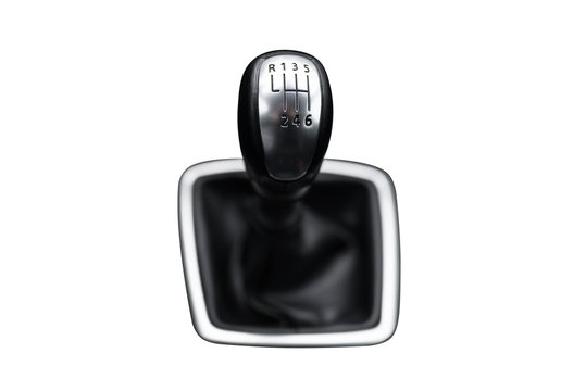 Six-speed manual shift car gear lever, isolated on a white background with a clipping path.