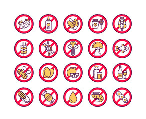 Allergen food free line color icons set. Allergenic ingredients. Food intolerance. Signs for web...