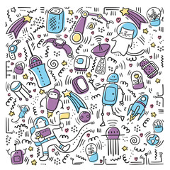 Space doodle set. Robot and Technic doodles. Future concept with astronaut, planets,spaceships. Universe concept color. Colorful vector hand drawn doodles cartoon set of space objects robot and rocket