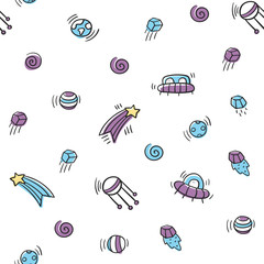 Space with stars, planets, satellite, aliens and meteorites doodle pattern. Universe seamless pattern for kids. Cosmic objects background.  Vector universe texture for textile, wrapping, linen, fabric