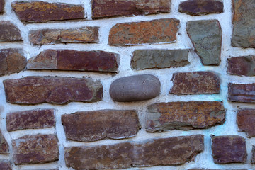 Abstract blurred natural background. Brown with orange rough wall masonry of stone of different shapes. Design concept.