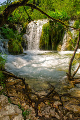 Crystal water of Plitvice Lakes. Landscapes and waterfalls.