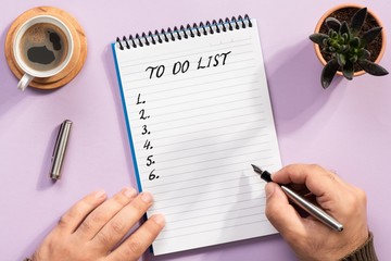 Writing To Do list, Over Head View Of Work Desk.
