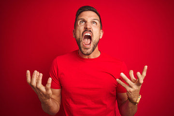 Young handsome man wearing casual t-shirt over red isolated background crazy and mad shouting and...