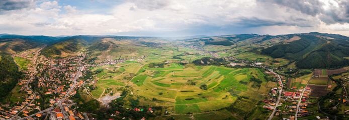 Aerial panoramic shot of mountains of Romania