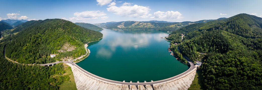 Aerial wide panoramic shot of Bicaz Lake