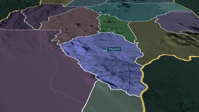Thyolo - district of Malawi with its capital zoomed on the administrative map of the globe. Animation 3D