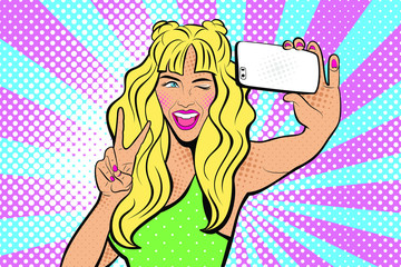 Attractive sexy girl with open eyes and mouth, with phone in the hand in comic style. Pop art woman holding smartphone. Digital advertisement, girl making selfie. Vector Illustration.