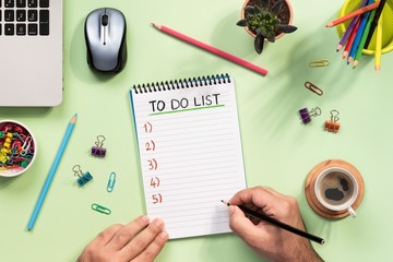 Writing To Do list, Over Head View Of Work Desk.