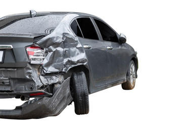 In raining day back side of  gray color car damaged and broken by accident on road parking can not...