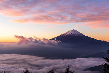 Fuji Mountain and the mist in Autumn at beautiful sunrise, Lake Kawaguchiko,Yamanashi,Japan. Mount Fuji is the highest mountain in Japan.