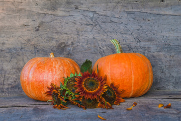 Two orange pumpkins and bouquet of rudbeckia flowers on the old wooden background with copy space