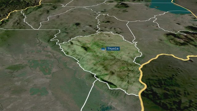 Thyolo - district of Malawi with its capital zoomed on the satellite map of the globe. Animation 3D
