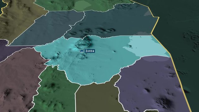 Zomba - district of Malawi with its capital zoomed on the administrative map of the globe. Animation 3D