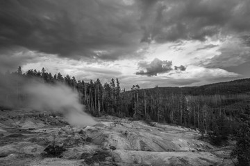 sunset at a geyser in yellowstone