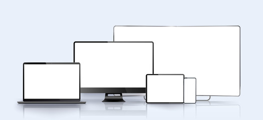 Vector minimalistic 3d isometric illustration set device. Smartphone, laptop, tablet, tv perspective view. Side and top view. Mock up generic device. Template for infographics or presentation 