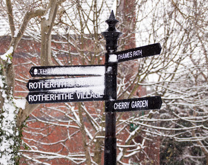 Rotherhithe sign in snow