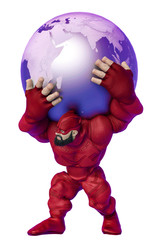 super hero cartoon with beard on suit is holding the world on his shoulders