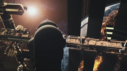 Astronaut rotates against International Space Station panels reflecting Earth against Sun. 3d render animation. Science and technology concept. 4K. Elements of this media furnished by NASA - Powered by Adobe