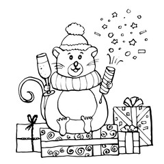 Rat with a glass of champagne and a firecracker sitting on gift boxes. Hand drawn vector. Happy New Year and Merry Chistmas. Isolated on white. Symbol of 2020. Mouse.