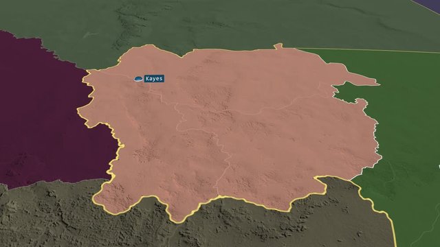 Kayes - region of Mali with its capital zoomed on the administrative map of the globe. Animation 3D