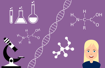 Chemistry science concept. Female scientist with lab equipment. Microscope, test tubes, DNA spiral, Protein formula. Biology. Violet background, blonde girl, student or teacher. Vector illustration.