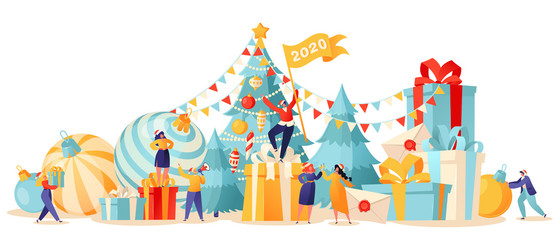 New Year trendy card. Background with small flat cartoon people characters that preparing for holiday. Bright toys for the Christmas tree, garlands and decorations. People have fun and prepare gifts.