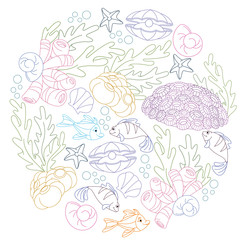 Circle vector set of ocean fish and plants contours