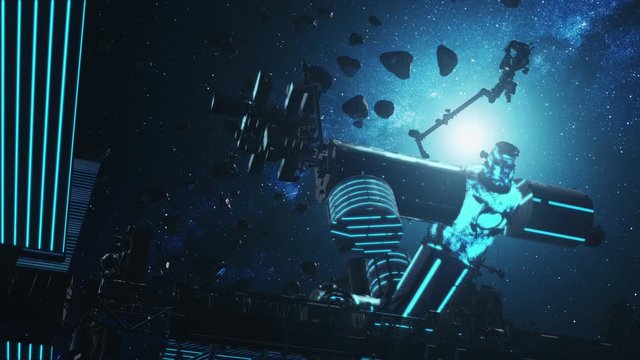 Blue and black International Space Station with solar panels in outer space with flying rocks. 3d render animation. Science and technology concept. 4K. Elements of this media furnished by NASA