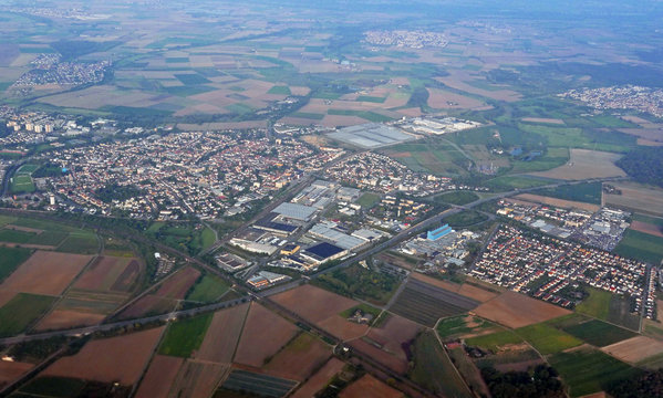 Aerial view of the German small town of Gross-Gerau near Frankfurt, Hessen, Germany