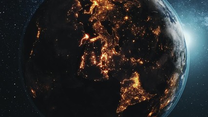 3d animation rotating planet Earth orbits about bright Sun in dark outer space with pictorial stars. Computer graph. Science and technology concept. 4K. Elements of this media furnished by NASA - Powered by Adobe